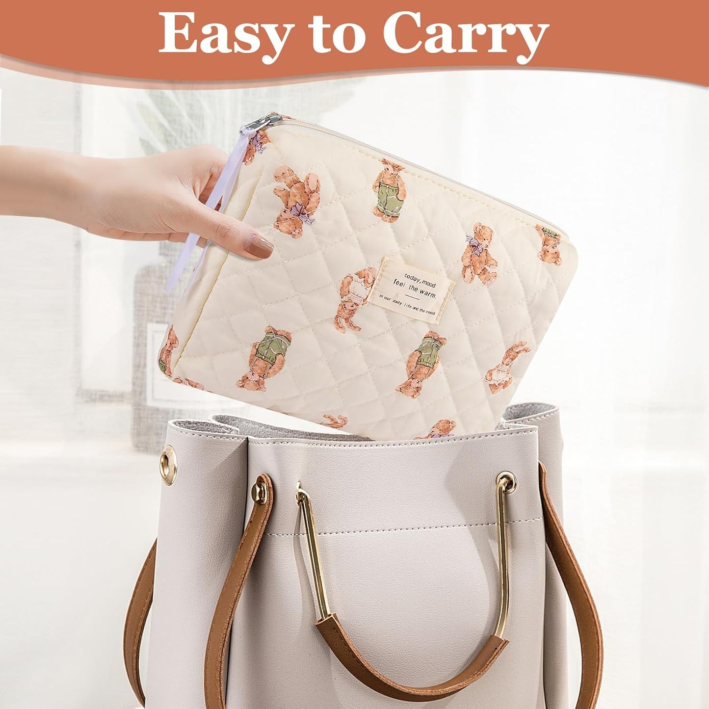 Floral Makeup Bag, Small Cosmetic Bag for Women Girls, Cute Cotton Makeup Bag, Quilted Makeup Bags, Flower Travel Toiletry Organizer Bag (White Bear)