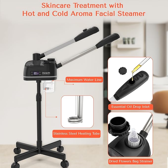 TASALON 2 in 1 Professional Facial Steamer on Wheels -with Ozone and Hot & Cold Mist, Ionic Facial Steamer Kit for Facial Deep Cleaning and Moisturize, SPA & Home, Ozone Face Humidifier - Black