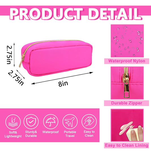 Small Pencil Case Makeup Bag for Purse, Cute Pencil Pouch Preppy Nylon Makeup Brush Bag with Zipper , Girls Portable Stationery Storage Case Small Pen Bag for Office School College(Slim-Bubblegum)