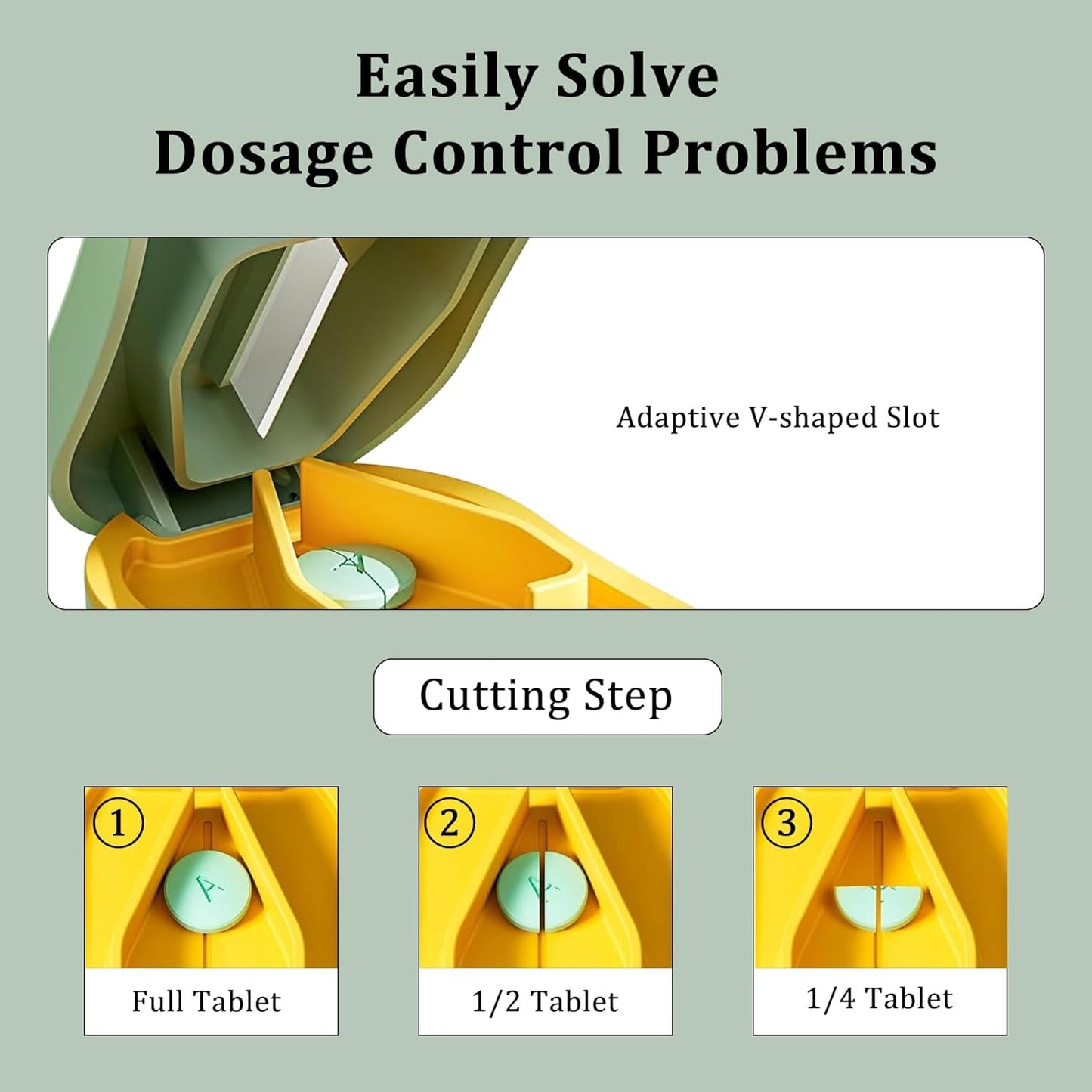 Pill Cutter Splitter for Small and Tiny Pills - Professional Pill Cutter for Small or Large Pills | Wrap-Around Blade Guard | Detachable Nonslip V-Shaped Pad | Easy Open | Back Storage, Cyan (Green)