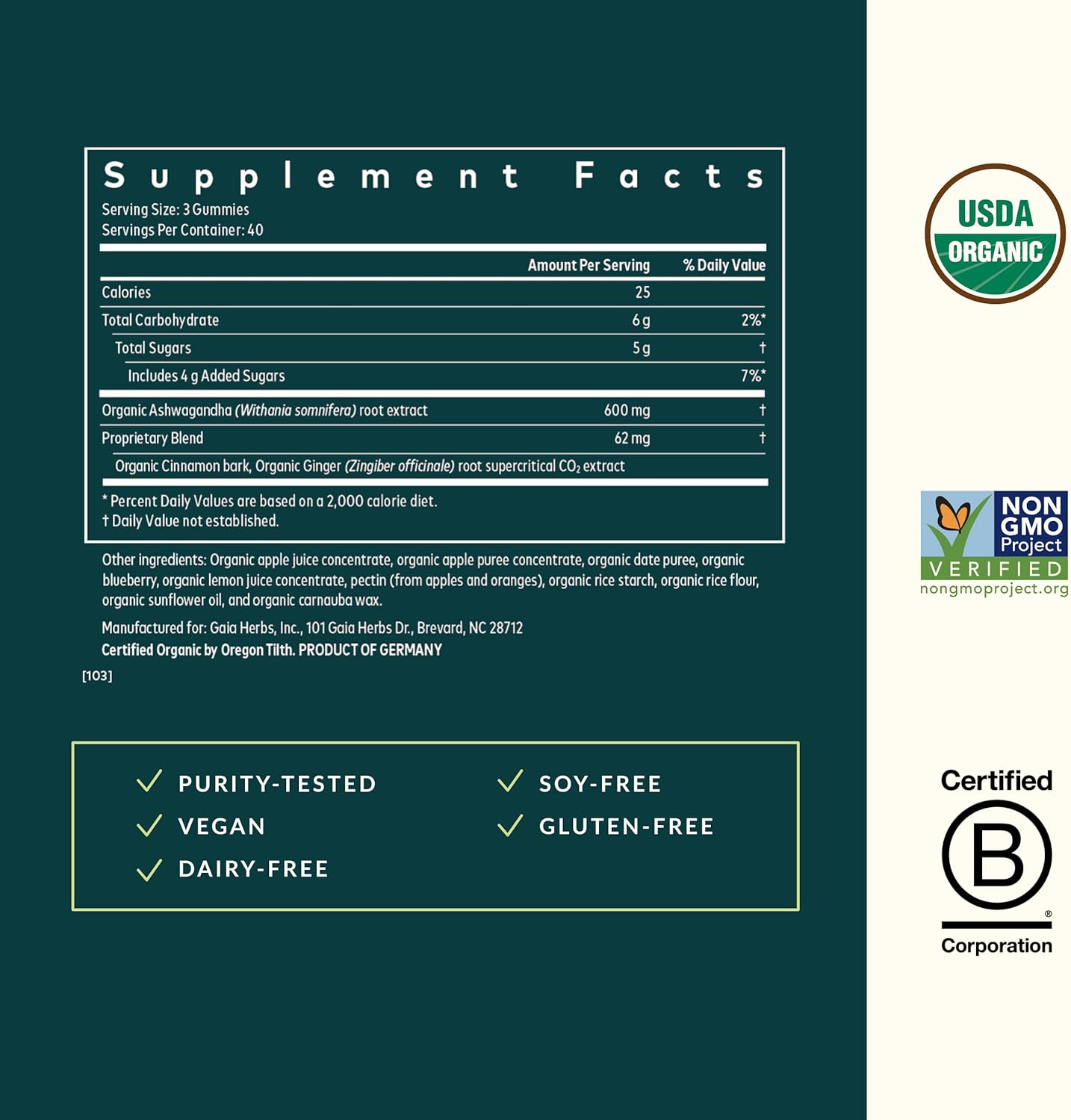 Gaia Herbs Organic Ashwagandha Gummies, Stress Support, Cinnamon, Ginger, Gluten Free, Vegan, 120 Count