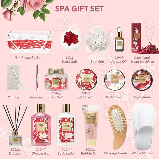 Mothers Day Gifts for Mom Rose & Cherry Blossom Spa Gift Set for Women - 19-Piece Luxury Bath & Body Care Kit with Necklace, DIY Chain, Shower Gel | Valentine's Day, Christmas Gifts for Her, Wife