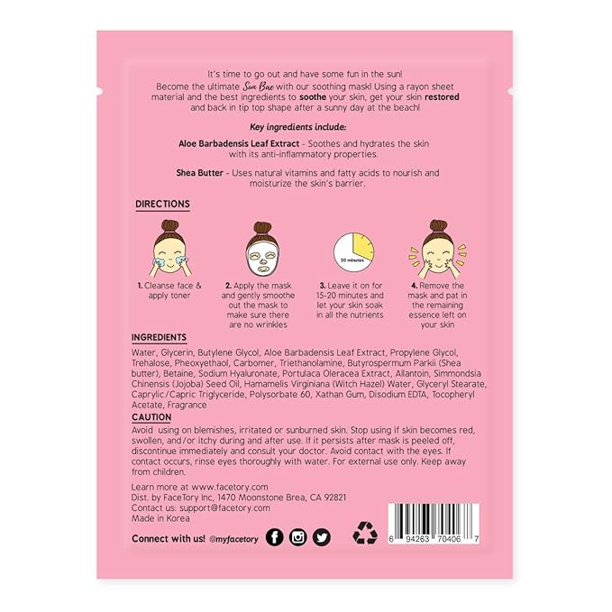 FACETORY K Beauty Face Mask Skin Care - SUN BAE SOOTHING Sheet Mask with Aloe & Shea Butter | After Sun Care, Soothe & Restore (10 Pack)