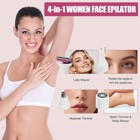 Women Face Epilator, 4-in-1 Body Shaver and Facial Epilator, Hair Removal for Faces, Rechargeable Electric Facial Hair Removal Devices for Face, Armpits, Eyebrows, Nose