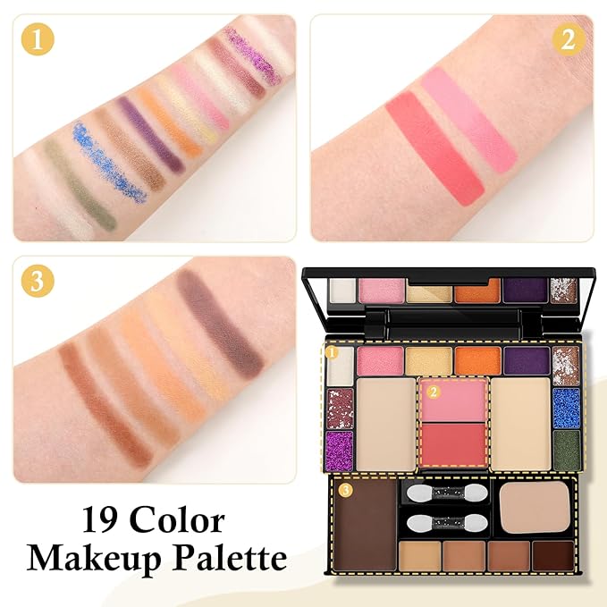 Makeup Palette Set, Makeup Kit for Women, 19 Color Makeup Set Include Matte Glitter Eyeshadow, Contour, Highlighter, Concealer, Eyebrow Powder, Blush, Mirror, Makeup Brush, Sponge