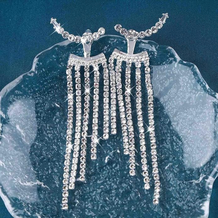 Vintage Rhinestone Chandelier Drop Earrings Crystal Ear Climber Earrings Long Tennis Chain Earrings Silver Cz Tennis Chain Tassel Earrings Jewelry for Women