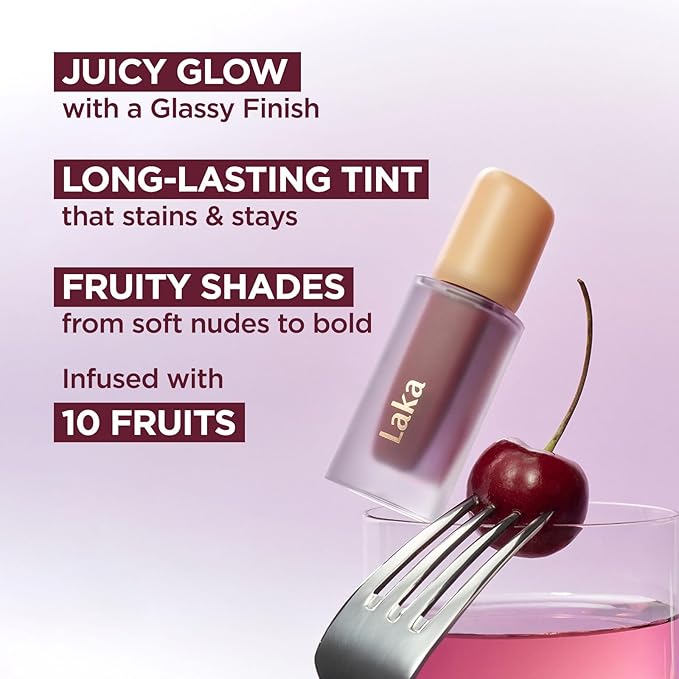 Laka Fruity Glam Tint, 4.5g/0.15 oz., Glowing Lip Stain with Wide Color Spectrum, Hydrating & Lightweight Texture, Long-Lasting Bold Stain, Non-Sticky, Vegan, K-Beauty (#105 Cold)