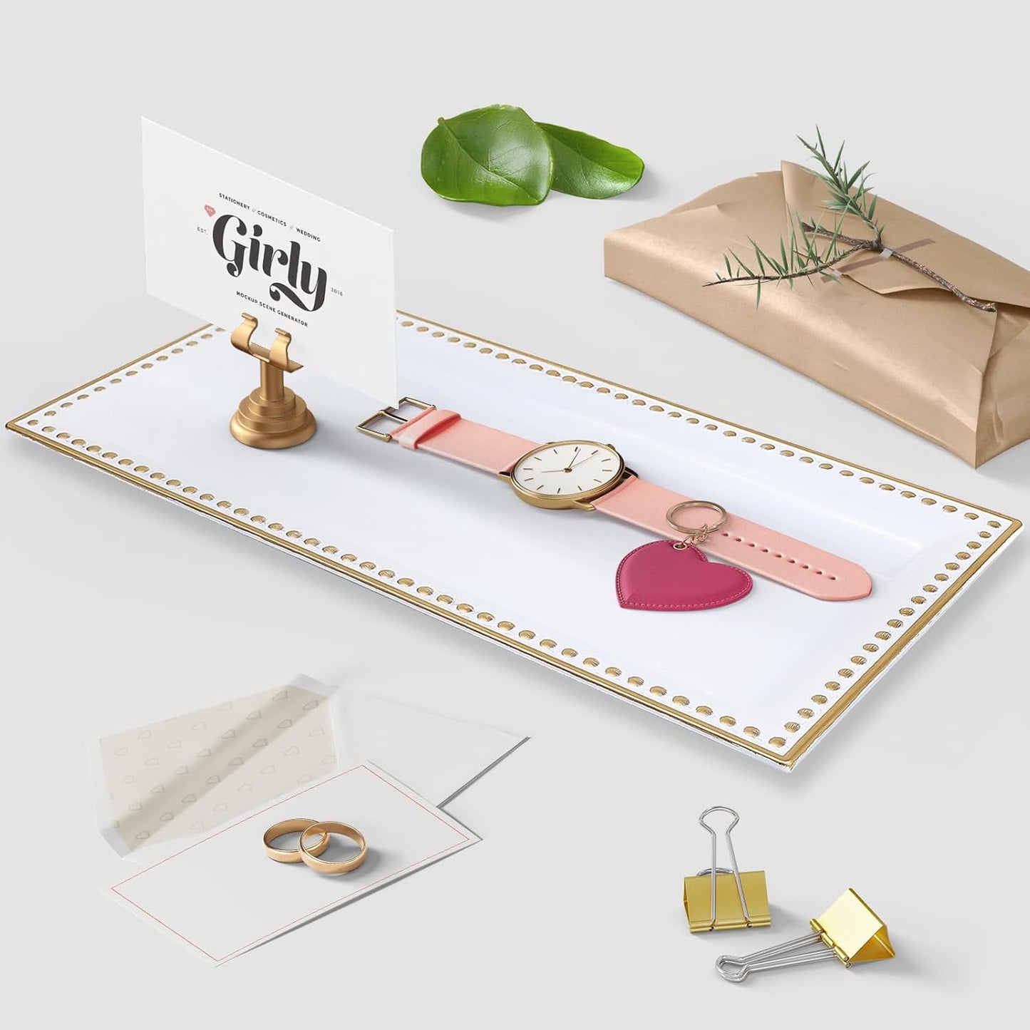 2 Pack White Bathroom Vanity Tray for Countertop with Beads, Small Plastic Toilet Tank Tray Versatile Storage Organization Tray for Makeup, Perfume, Desk, Kitchen, Candles, 14"x7"x1", 36W