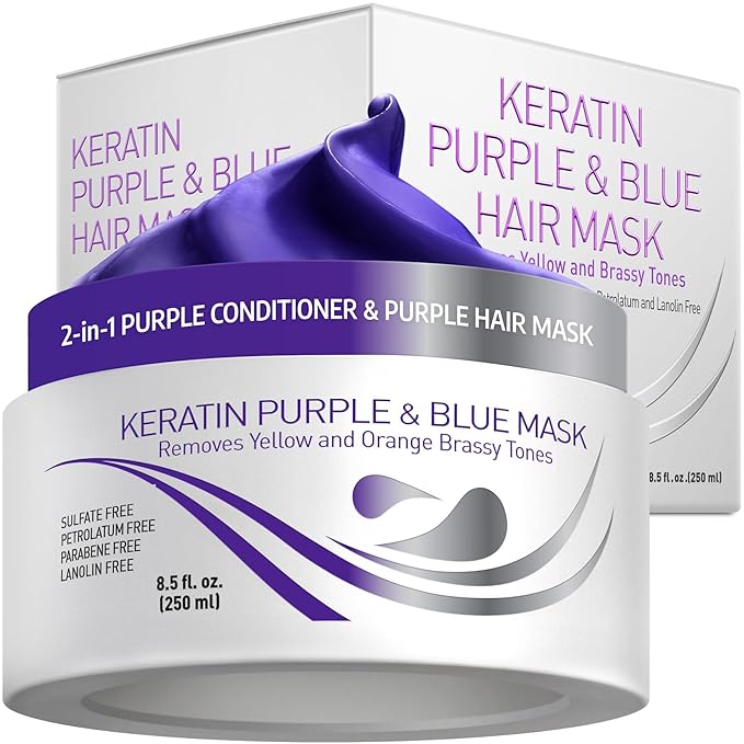 VITAMINS hair cosmetics Keratin Purple Hair Mask - Violet Blue Protein Deep Conditioner Treatment - Toner for Blonde Platinum Silver Gray Ash or Brown Colored Dry and Damaged Brassy Hair