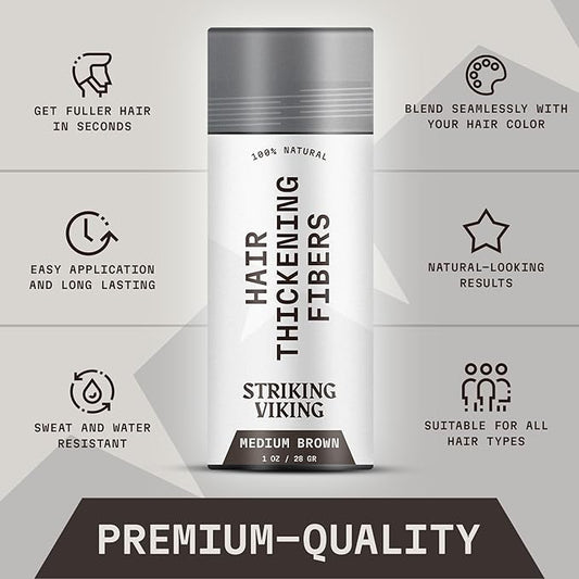 Striking Viking Hair Fibers for Thinning Hair (Medium Brown) 28g - Naturally Derived - Long Lasting Powder, Undetectable, Thicker Look for Men & Women