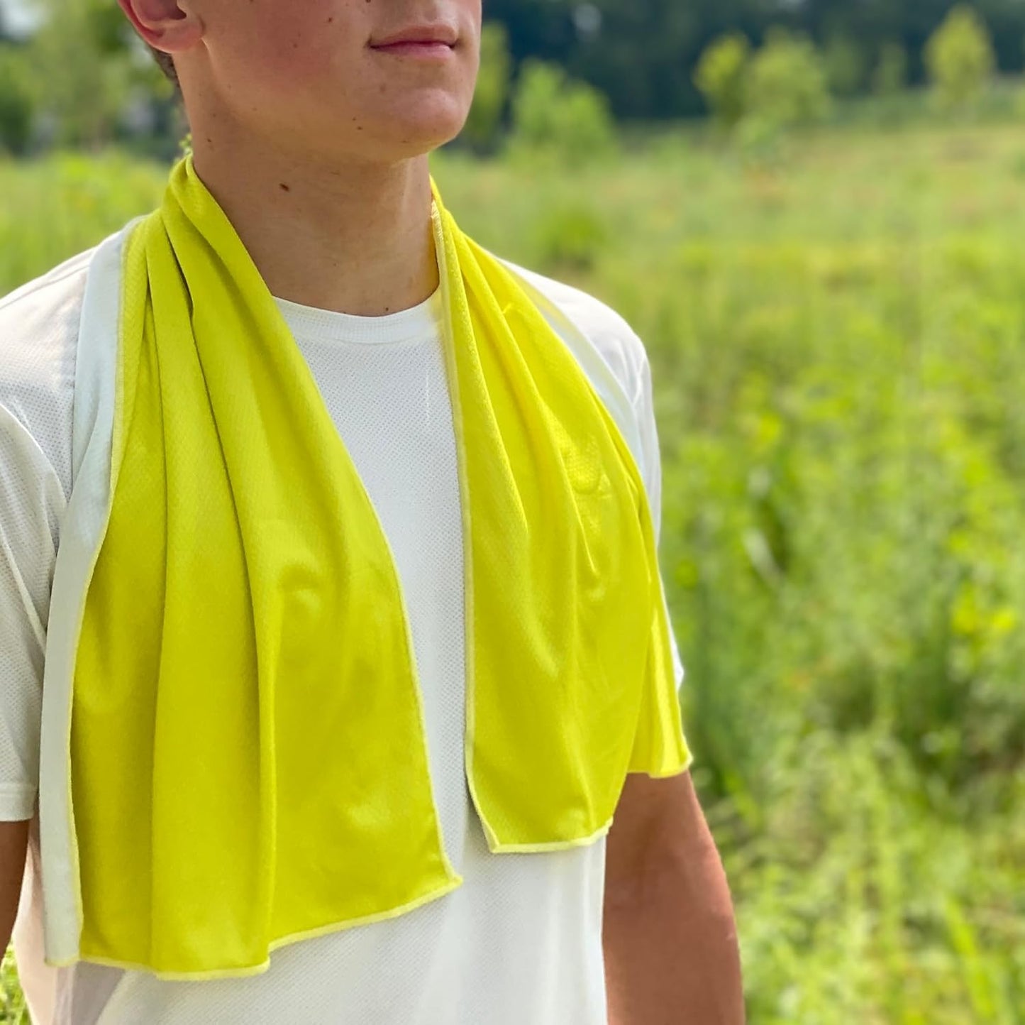 SHAKEitCOOL Extended Size Cooling Towel – Be Cool in Style - Heat Relief, Soft, Lightweight, Sun Protection, Easy Clean - Perfect for Biking, Hiking, Running, Yoga, Golf, Gardening - Safety Yellow M