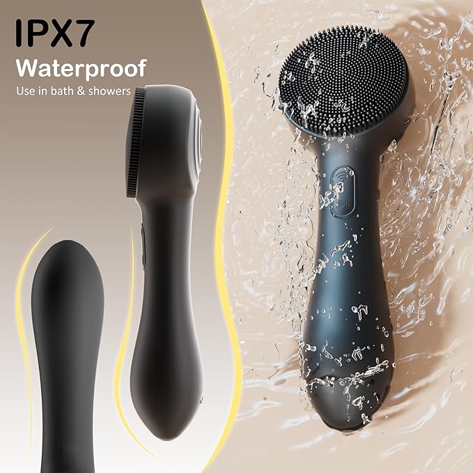 Facial Cleansing Brush Silicone Face Scrubber Waterproof Rechargeable Exfoliator Massage Device for Men & Women, Deep Pore Cleansing, Exfoliating, Removing Blackhead Electric Face Scrub Brush (Black)