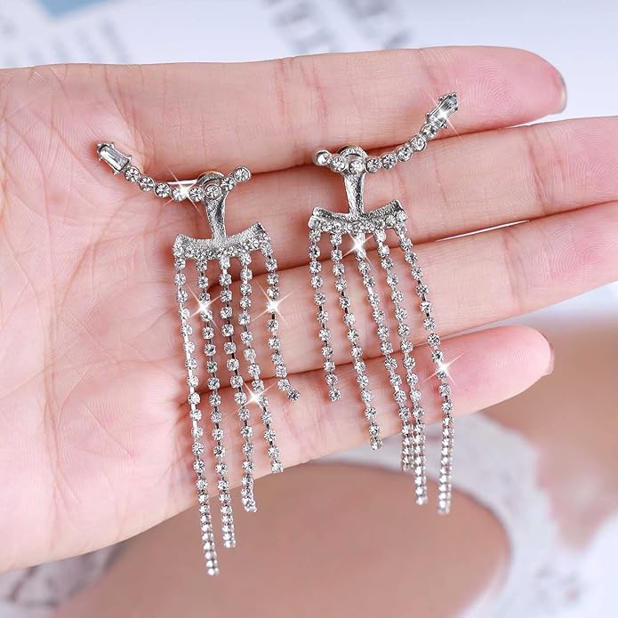 Vintage Rhinestone Chandelier Drop Earrings Crystal Ear Climber Earrings Long Tennis Chain Earrings Silver Cz Tennis Chain Tassel Earrings Jewelry for Women