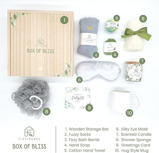 Gifts for Mom, Birthday Gifts for Women, Get Well Soon Gift Baskets for Women, Relaxing gifts for Women, Self Care Gifts, Spa kit for Woman, Wooden Box, Green Gifts for Sister, Friend