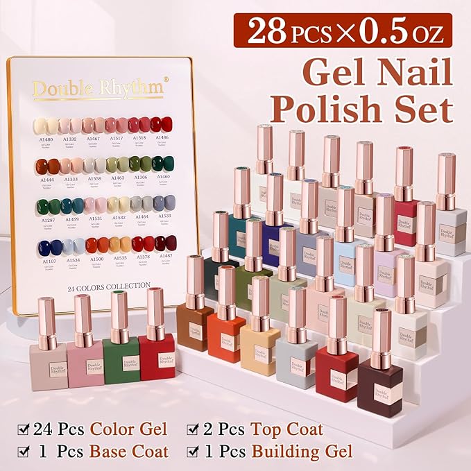 Double Rhythm 28Pcs 0.5Oz Gel Nail Polish Set Same Color Same Bottle Soak Off Gel Polish Kit Nail Art Manicure Salon DIY at Home for Women (Burgundy Green Collection-T24-1)