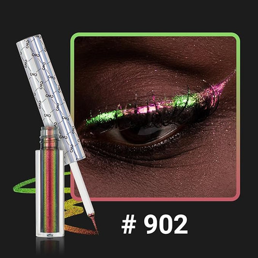 Chameleon Glitter Liquid Eyeliner, Highly Pigmented Intense Color Shifting, Waterproof Eyeliner Metallic Multi-Reflective Finish, Longwearing, Smudge-proof, Ultra-Fine Tip, PINK GOLD GREEN 902