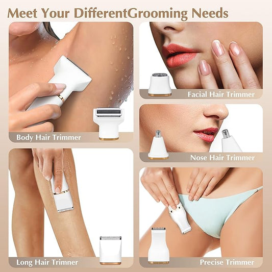 Electric Bikini Trimmer for Women - 5 in 1 Rechargeable Electric Razors for Women, IPX7 Waterproof Pubic Hair Trimmer, Painless Womens Body Shaver, Facial Razor & Nose Hair Shaver, White