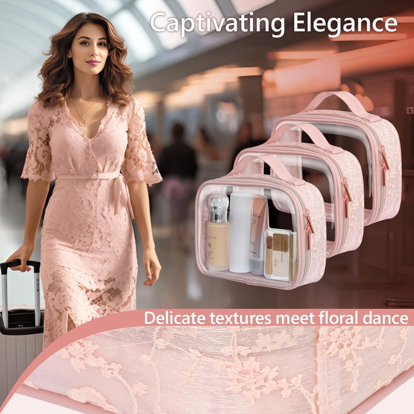 PACKISM TSA Approved Toiletry Bag - Floral Texture Lace Clear Makeup Bags with Handle, Clamshell Closing 180° Opening, Clear Toiletry Bags for Travel Essentials, 0.5 mm Thick, Pink