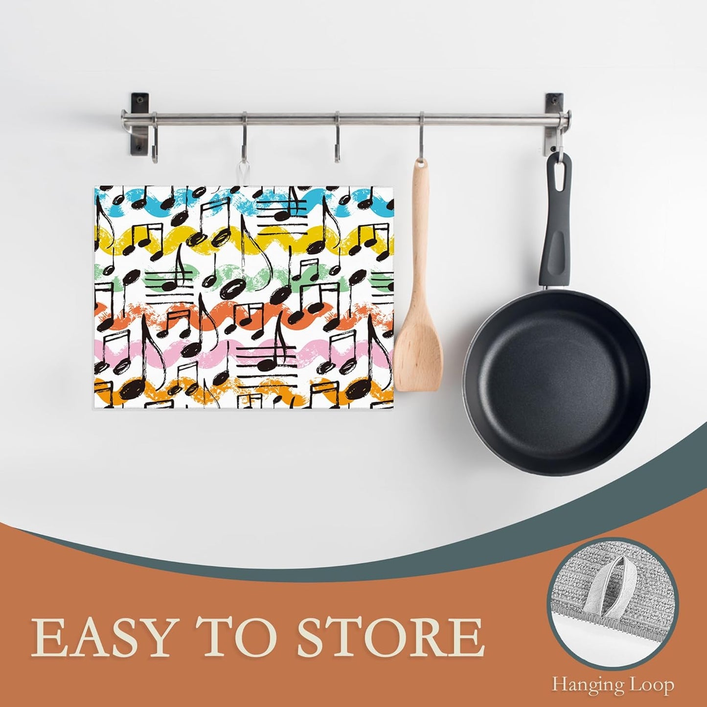 Music Notes Waves Dish Drying Rack Mats Decor, Dish Pad Drying Mat Kitchen Counter 18x24 Inch Absorbent Reversible Microfiber for Coffee Bar Sink Countertop