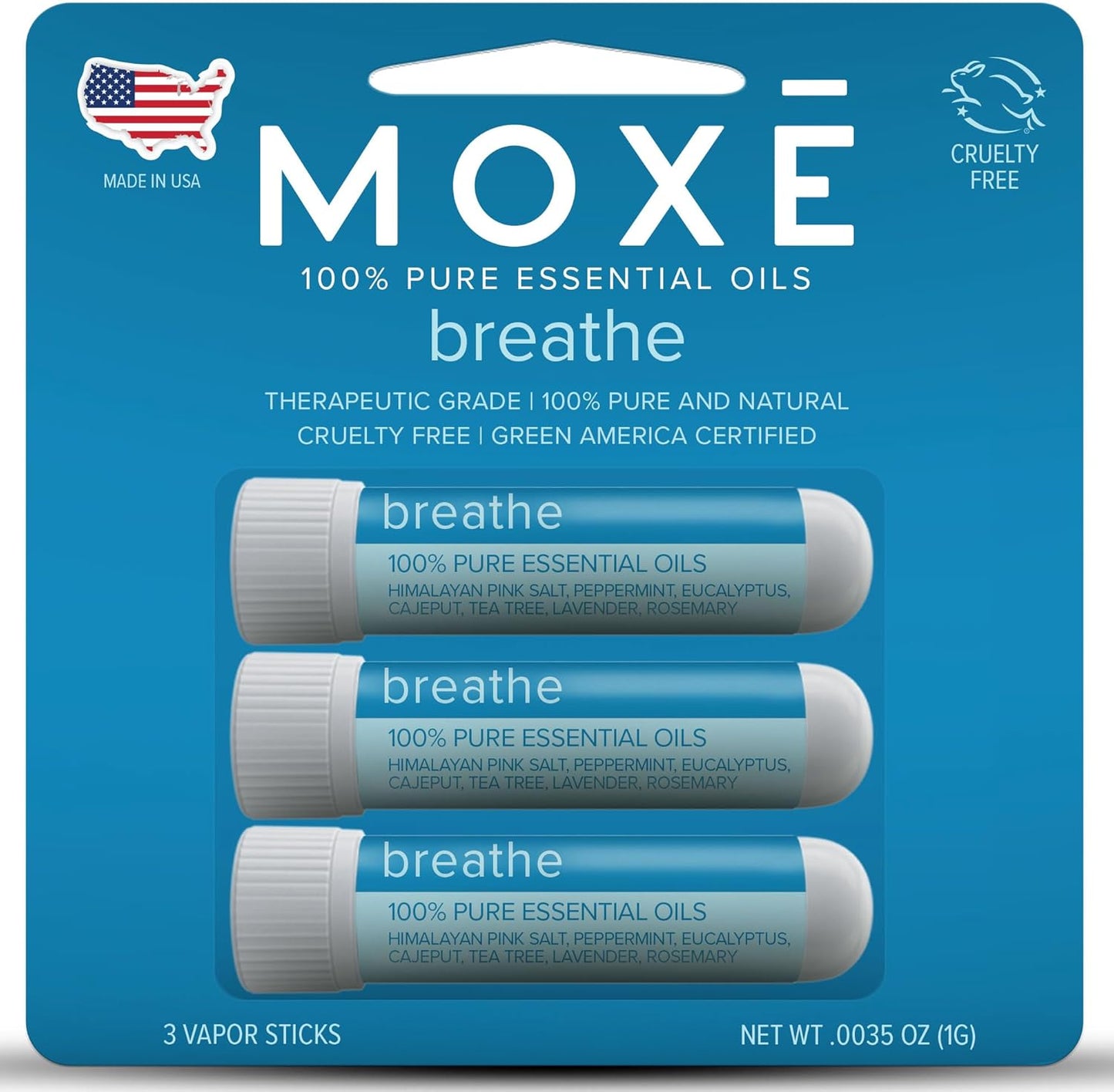 MOXE Breathe | Himalayan Salt Inhaler | Help Clear Congestion, Boost Focus and Improve Breathing | Natural Aromatherapy | Peppermint, Lavender and Tee Tree Essential Oil (3 Pack)