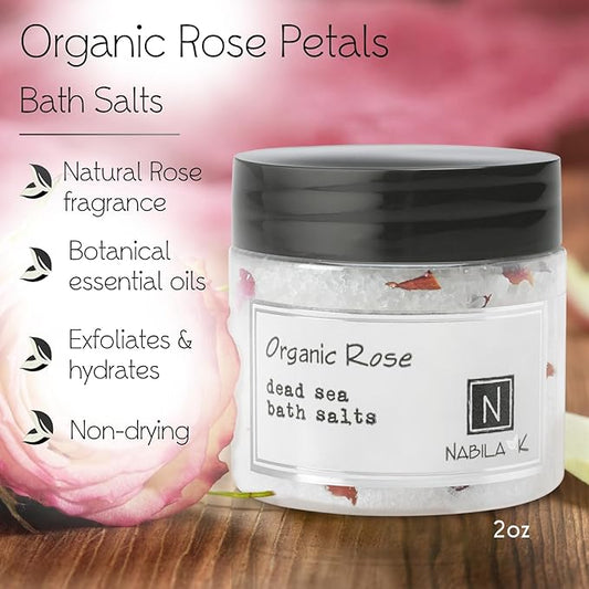 Organic Rose Bath Salts by Nabila K - Dead Sea Salt & Epsom Salt Scrub & Soak - Exfoliates & Hydrates Skin, Botanical Essential Oils - Bubble Bath Accessories for All Skins Types, 2 oz