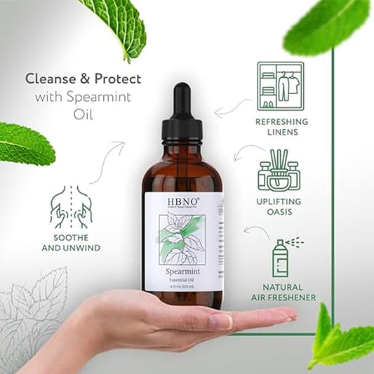 HBNO Spearmint Essential Oil - Huge 4 oz (120ml) Value Size - Natural Spearmint Oil - Perfect for Cleaning, Aromatherapy, DIY, Soap & Diffuser -