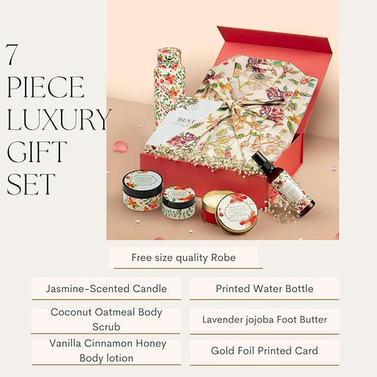 Spa Gift Set with Robe - 7 pc for New Mothers Postpartum Moms & Expecting- Luxurious Gift Set w Jasmine Candle Honey Lotion Coconut Oatmeal Body Scrub - All-Natural for Self-Care. Push present.
