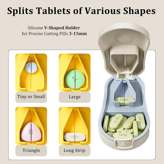 Pill Cutter Splitter for Small and Tiny Pills - Professional Pill Cutter for Small or Large Pills | Wrap-Around Blade Guard | Detachable Nonslip V-Shaped Pad | Easy Open | Back Storage, Cyan (White)