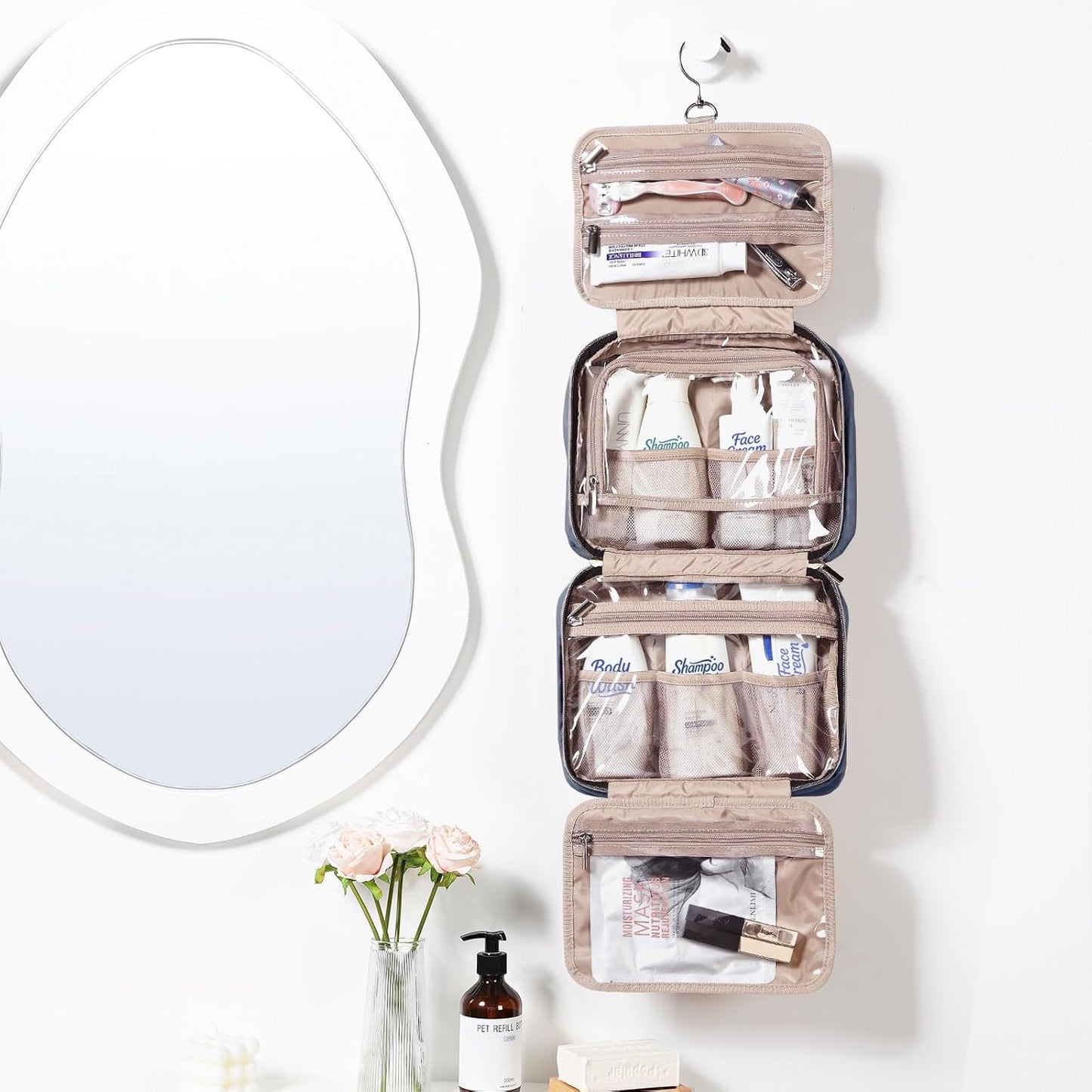 NISHEL Travel Toiletry Bag for women, Portable Hanging Organizer for Travel-Sized Shampoo, Conditioner, Brushes Set, Makeup Accessories, Medium Size, Aegean-Blue