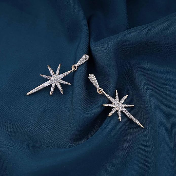 Vintage Crystal Northstar Dangle Earrings Rhinestone Northstar Studs Earrings Gold Cz Star Drop Earrings Sparkly Cz Starburst Earrings Jewelry for Women