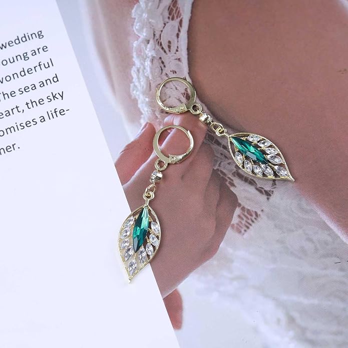 Vintage Emerald Leaf Earrings Rhinestone Leaf Drop Earrings Green Emerald Dangle Earrings Gold Crystal Leaf Hoop Earrings Jewelry for Women