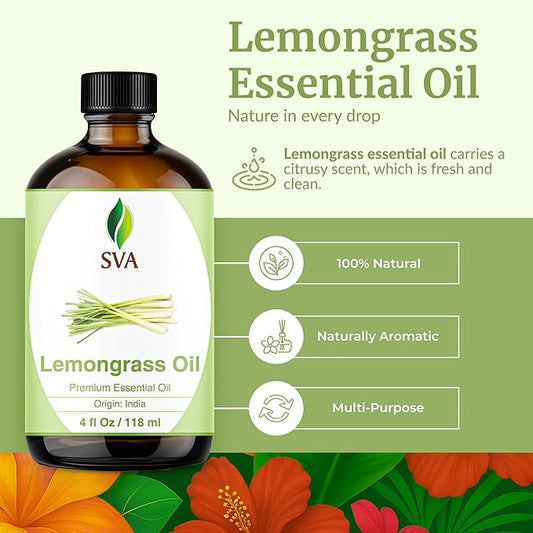 SVA Lemongrass Essential Oil – 4 Fl Oz – 100% Natural Lemongrass Oil - for Diffuser, Hair Care, Face, Skin Care, Aromatherapy, Scalp and Body Massage, Soap and Candle Making - with Dropper