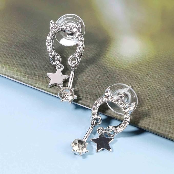 Crystal Cat Studs Earrings Silver Crystal Star Dangle Earrings Boho Rhinestone Drop Earrings Natural Inspired Animal Earrings Jewelry for Women and Girls Cat Lover Gifts