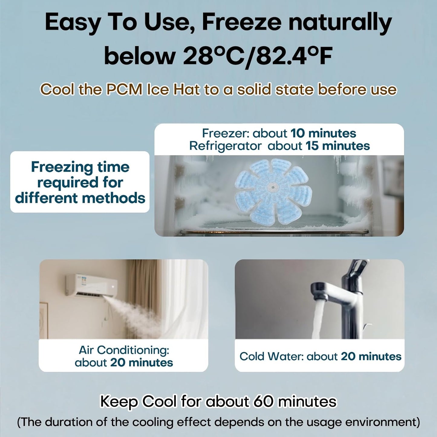 PCM Ice Hat, Heat Stroke Prevention Cooling Hat Insert, Reusable Ice Pack for Hard Hats, Sun Hats, Cycling Helmets, Summer Cooling Accessories, Natural Freezing Below 28°C/82.4°F (Blue, A1)