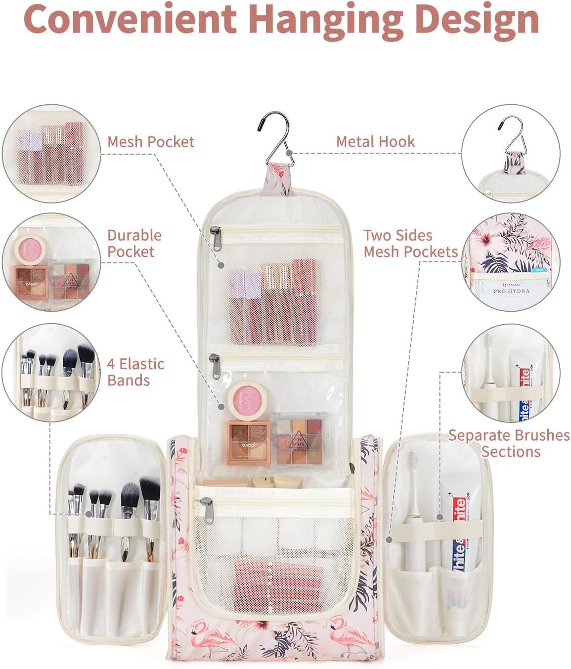 Narwey Hanging Toiletry Bag for Women Travel Makeup Bag Organizer Toiletries Bag for Cosmetics Essentials Accessories (Large, Beige Bird)