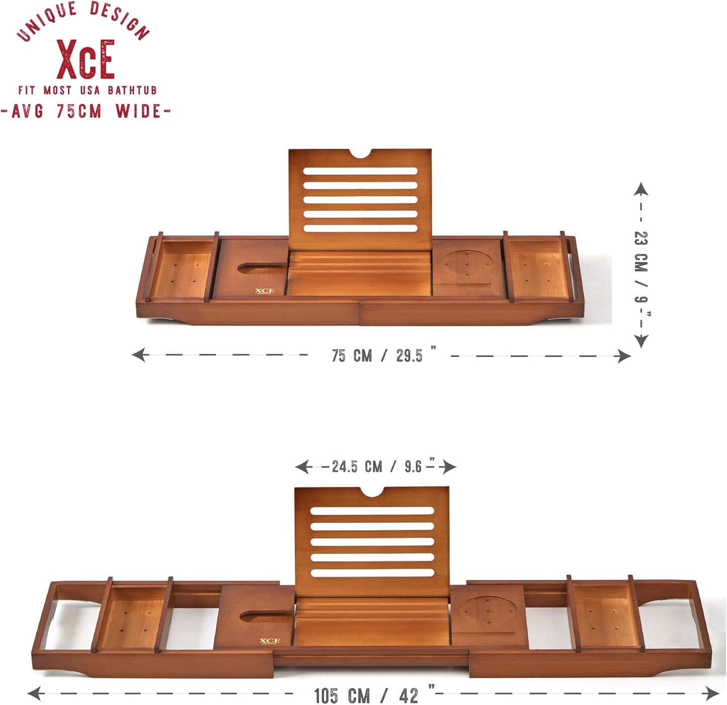 XcE Bathtub Caddy Tray Expandable to 105cm with Bamboo Book Stand and Soap Tray, Brown