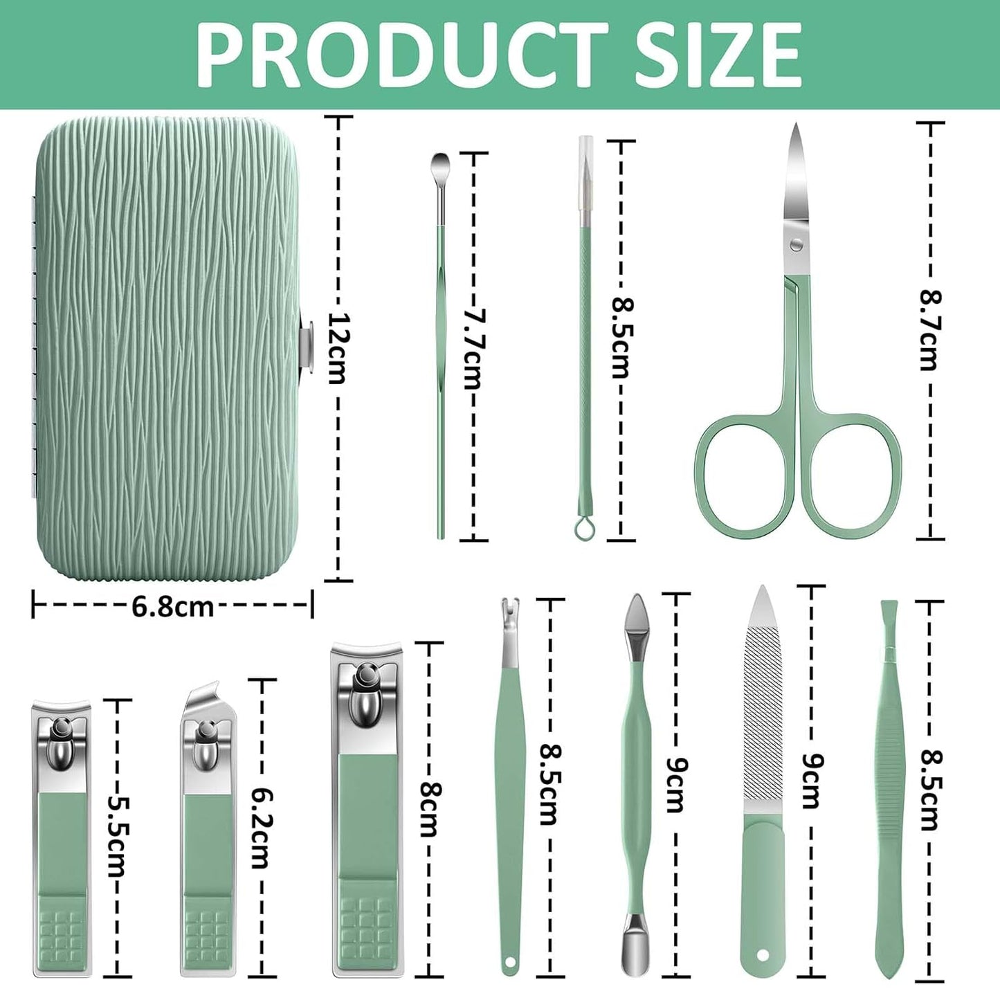 BLESWIN 10-Piece Nail Care Kit, Professional Manicure Set with Green Leather Case, Ideal for Women & Men