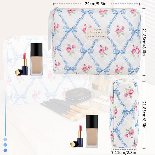 Floral Makeup Bag, Small Cosmetic Bag for Women Girls, Cute Cotton Makeup Bag, Quilted Makeup Bags, Flower Travel Toiletry Organizer Bag(Blue Flower)