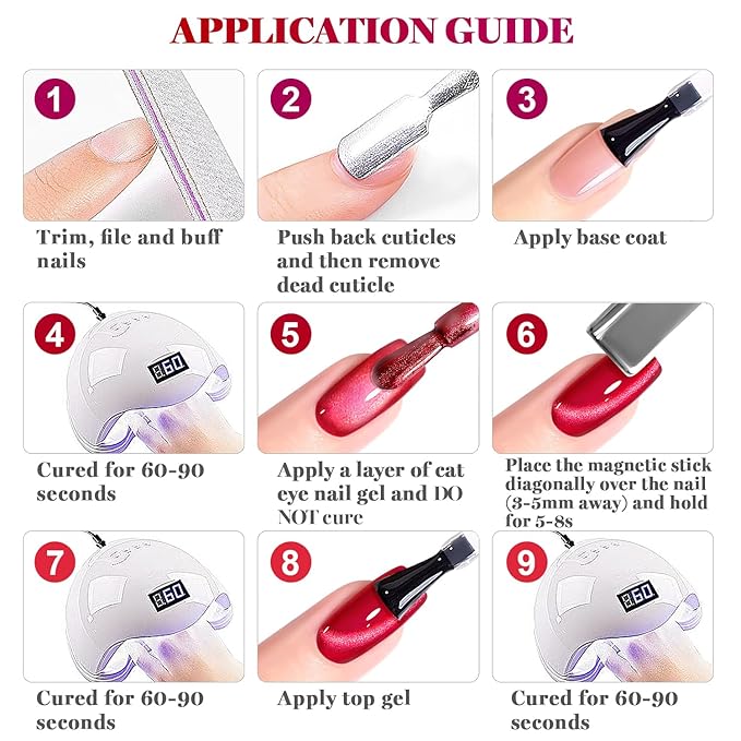 RARJSM Red Cat Eye Gel Nail Polish Set 6 Pcs Smoothie Ceramic Silver White Glitter Shimmer Burgundy Cherry Dark Wine Red Velvet Diamond Cateye Gel Polish with Magnetic Stick Soak off Curing Require