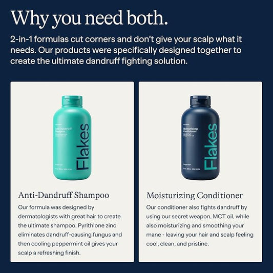 Flakes Anti Dandruff Shampoo and Conditioner Set for Men with Scalp Massager | Dry, Flaky, & Itchy Scalp Shampoo | Sulfate and Paraben Free | Hydrating Shampoo & Moisturizing Conditioner | 9 fl oz