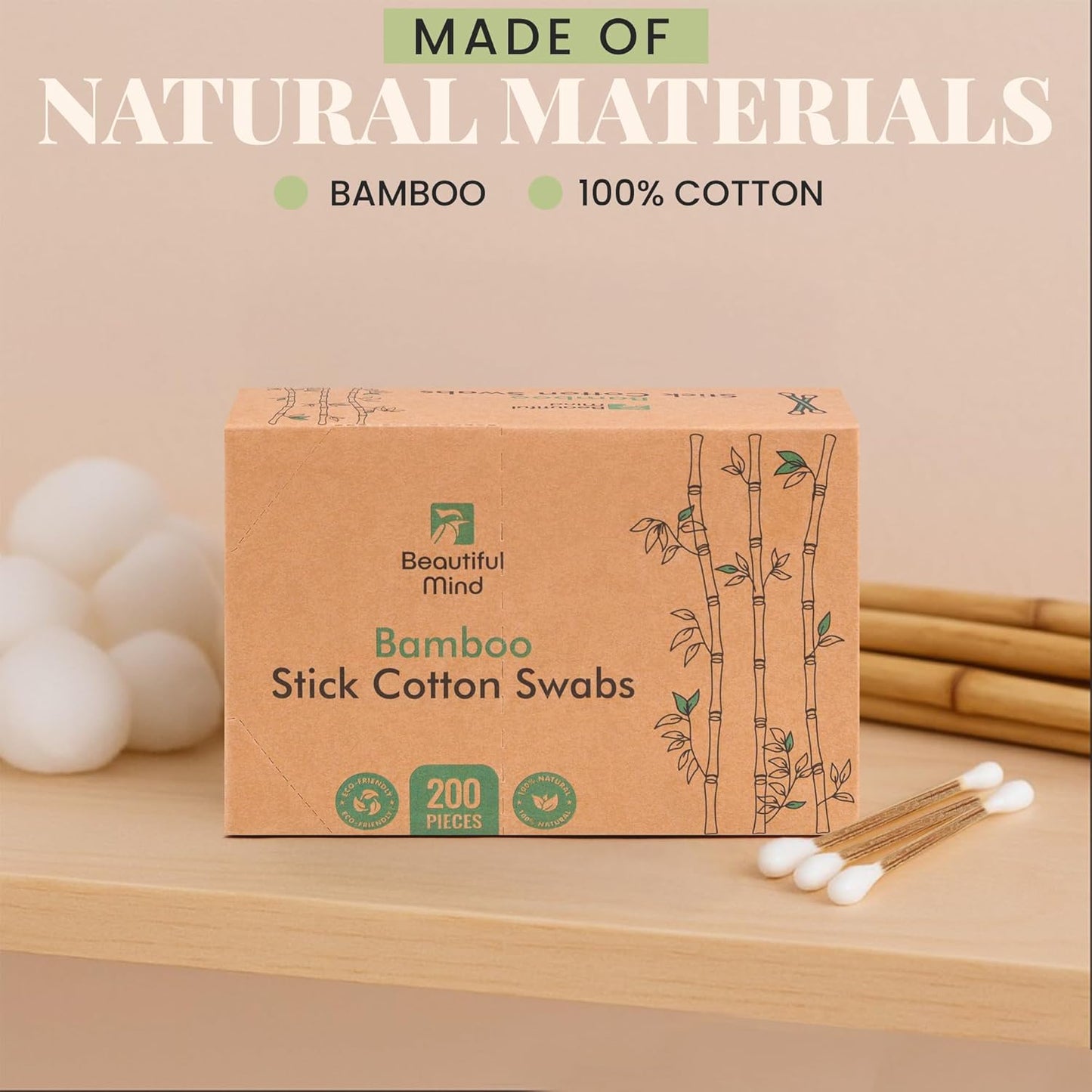Natural Bamboo Cotton Swabs for Ears – 200 Pack – Qtips with Carbonized Bamboo for Durability – Eco-Friendly, Biodegradable & Vegan – 100% Cotton Ear Swabs for Makeup (5.5mm tip - Tear Box)