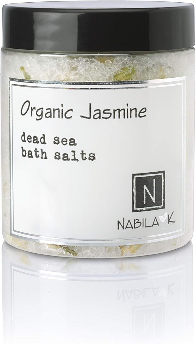 Organic Jasmine Bath Salts by Nabila K - Dead Sea Salt & Epsom Salt Scrub & Soak - Exfoliates & Hydrates Skin, Botanical Essential Oils - Bubble Bath Accessories for All Skins Types, 8 oz