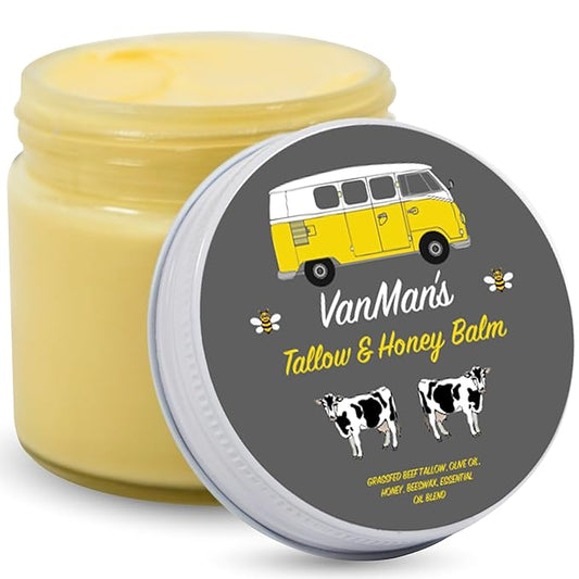 Vanman's - Tallow and Honey Balm Jumbo - Tallow Face Moisturizer with Pure Grass-Fed/Finished Beef Tallow for Skin and Essential Oils, Organic Raw Honey and Beeswax, Cold Pressed Olive Oil - 6 oz