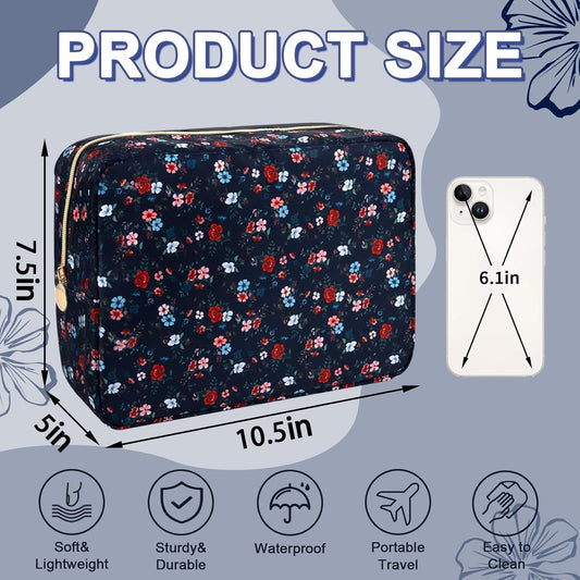 Waterproof Large Floral Makeup Pouch,Nylon Travel Toiletry Storage Purse Preppy Cosmetic Bag for Women Girl,Large Capacity Makeup Organizer Zipper Pouch for Work(L Black-Flowers)