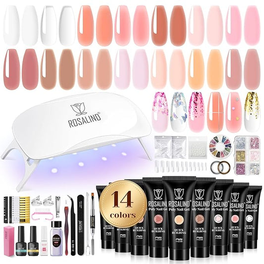 ROSALIND Poly Nail Gel Kit -14 Colors +72 Nail Art Accessories kit Nude Pink Poly Nails Gel Kit Starter Kit with Mini UV Lamp Slip Solution Basic Poly Nail Art Tools for Beginners with Everything