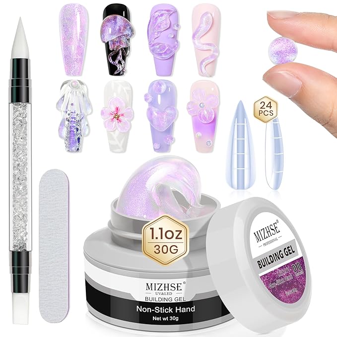 MIZHSE Solid Builder Gel for Nails - 30g/1oz Purple Mermaid Hard Gels for Nails 3D Gel with Dual Forms 3D Sculpting Pen Soak off U V Nail Builder Gels for Extension 3D Nail Art Women
