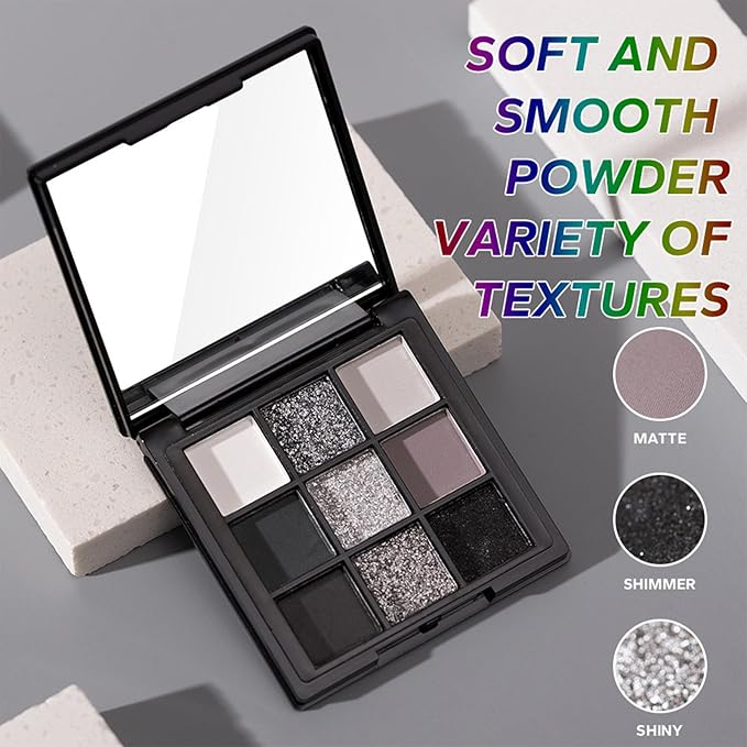 Erinde 9 Color Smokey Eyeshadow Palette, Highly Pigmented Matte & Glitter Shades,Black Silver Gray Eye Shadow Set for Halloween Makeup, Long-Lasting, Waterproof & Blendable, Reversal Star Smokey