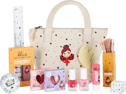 MISS NELLA Kids Bag of Wonders, Makeup & Nail Polish Set Safe and Fun Gift - Hypoallergenic, Dermatologically Tested Kid-Friendly, Non-Toxic, Cosmetic Bag Included – Special Edition
