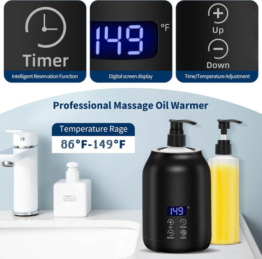 Massage Oil Warmer, Yofuly Electric Massage Oil Digital Heater with Two Oil Bottles, Portable Body Lotion Warmer Cream Heated Dispenser for SPA, Salon and Home Use, Black