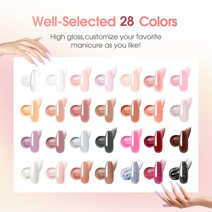 ROSALIND 28 Colors Poly Nail Gel Kit with Mini U V/LED Lamp White Nude Poly Nails Gel Kit Starter Kits With Slip Solution Pink Extensions Set for Nail Manicure Beginner